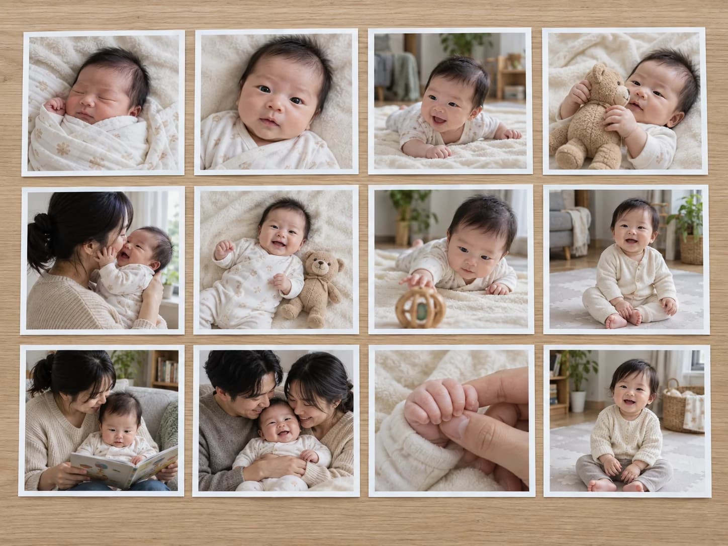 Twelve baby photos arranged in three rows of four, including tummy time, play, and moments with family